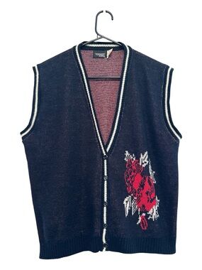 Vintage 90’s Grandpa Style Black Knit Sweater Vest with Red Floral Motif M/L